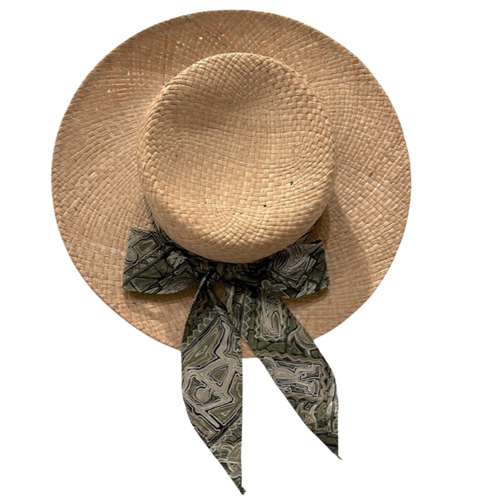 Hawaiian Headwear Straw Hat with Green Print Band & Bow